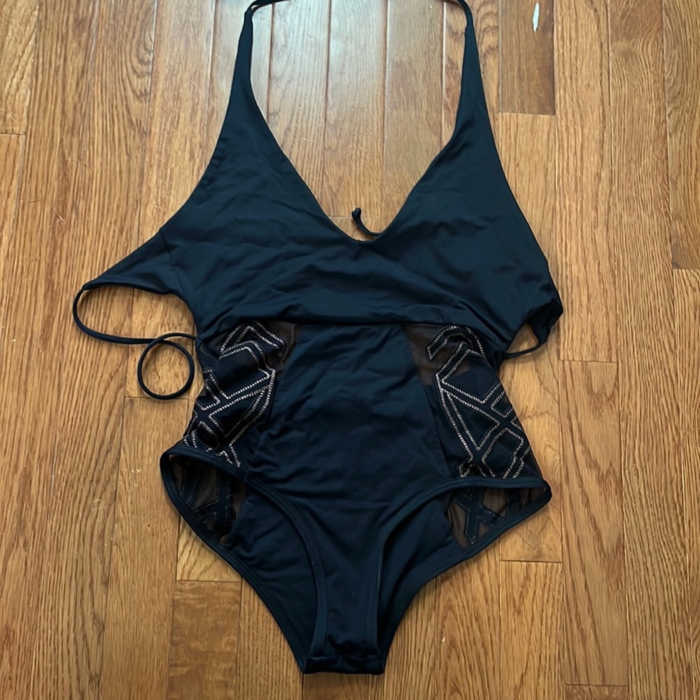 LSpace one piece deep cut mesh black xs